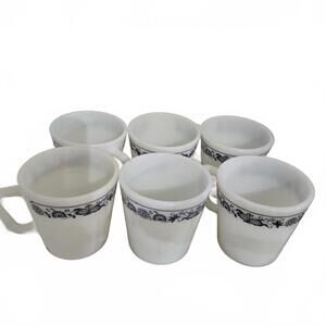 Vintage Pyrex Blue Flower Milk Glass Coffee Mugs Cups / Set of 6